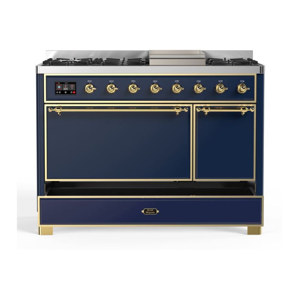 ILVE UM12F Majestic II 48 inch Dual Fuel Range with 8 Black Brass Burners, Griddle