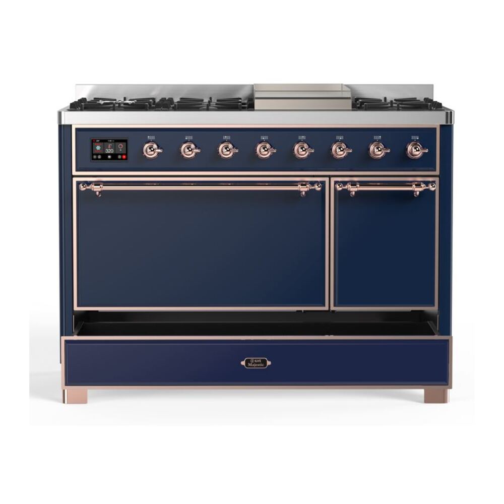 ILVE UM12F Majestic II 48 inch Dual Fuel Range with 8 Black Brass Burners, Griddle