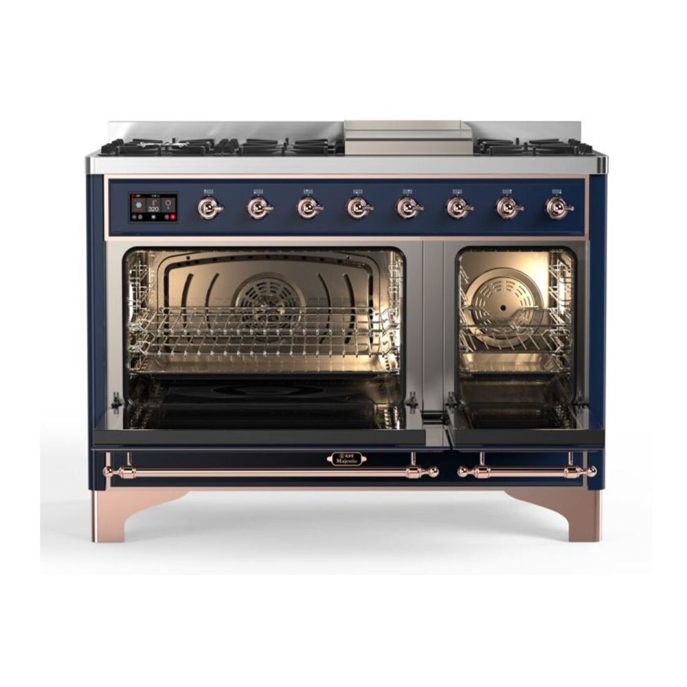 ILVE UM12FDQNS3MBP Majestic II 48 inch Dual Fuel Range with 8 Black Brass Burners, Griddle (Natural Gas, Solid Door, Midnight Blue, Copper) 5 ILVE_UM12FDQNS3MBP_Majestic_II_48_Dual_Fuel_Range_Top_Angle