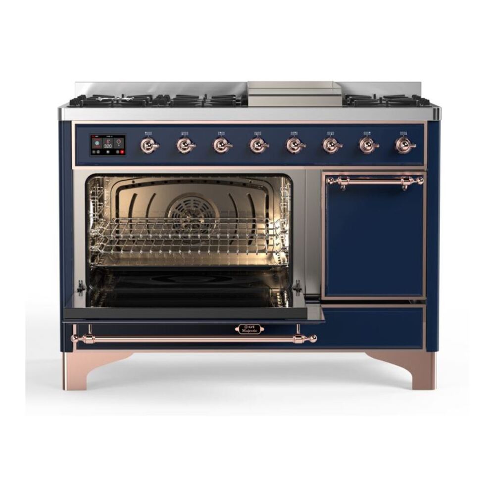 ILVE UM12FDQNS3MBP Majestic II 48 inch Dual Fuel Range with 8 Black Brass Burners, Griddle (Natural Gas, Solid Door, Midnight Blue, Copper) 7 ILVE_UM12FDQNS3MBP_Majestic_II_48_Dual_Fuel_Range_Left_Angle