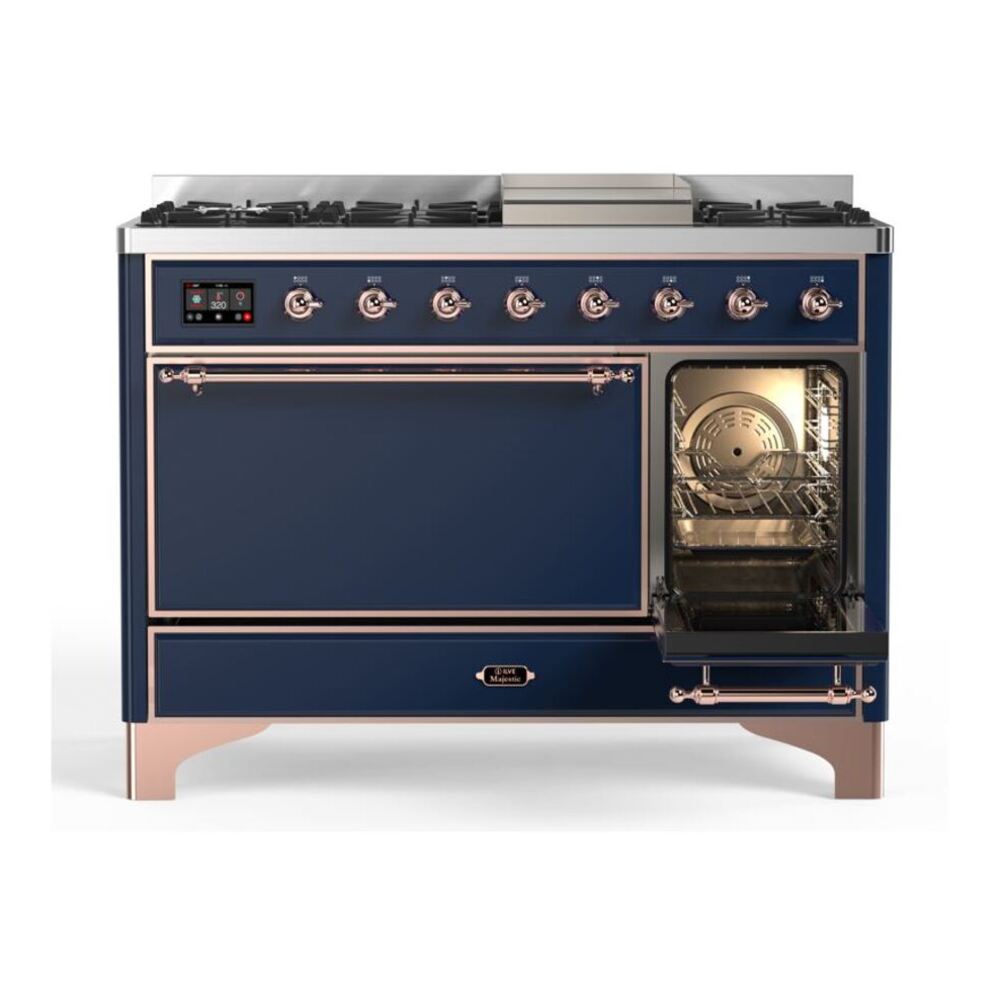 ILVE UM12FDQNS3MBP Majestic II 48 inch Dual Fuel Range with 8 Black Brass Burners, Griddle (Natural Gas, Solid Door, Midnight Blue, Copper) 8 ILVE_UM12FDQNS3MBP_Majestic_II_48"_Dual_Fuel_Range_Right_Angle