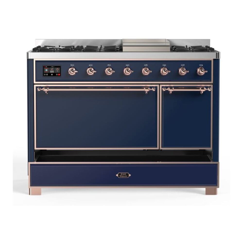 ILVE UM12FDQNS3MBP Majestic II 48 inch Dual Fuel Range with 8 Black Brass Burners, Griddle (Natural Gas, Solid Door, Midnight Blue, Copper) 9 ILVE UM12F Majestic II 48 inch Dual Fuel Range with 8 Black Brass Burners, Griddle