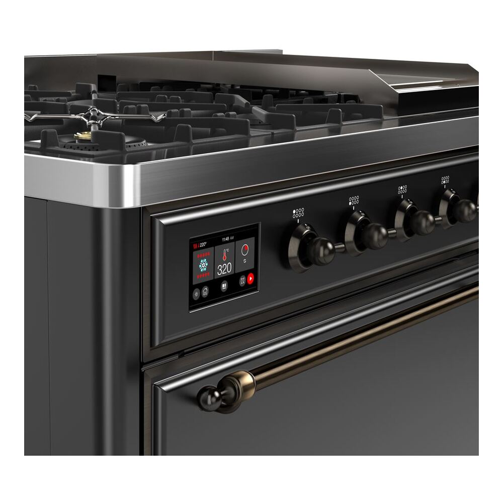 ILVE UM12F Majestic II 48 inch Dual Fuel Range with 8 Black Brass Burners, Griddle