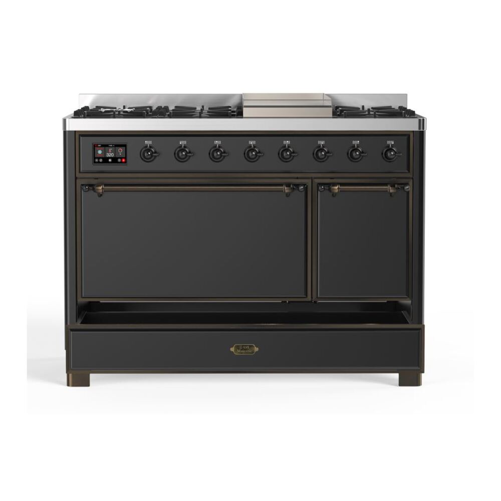 ILVE UM12F Majestic II 48 inch Dual Fuel Range with 8 Black Brass Burners, Griddle