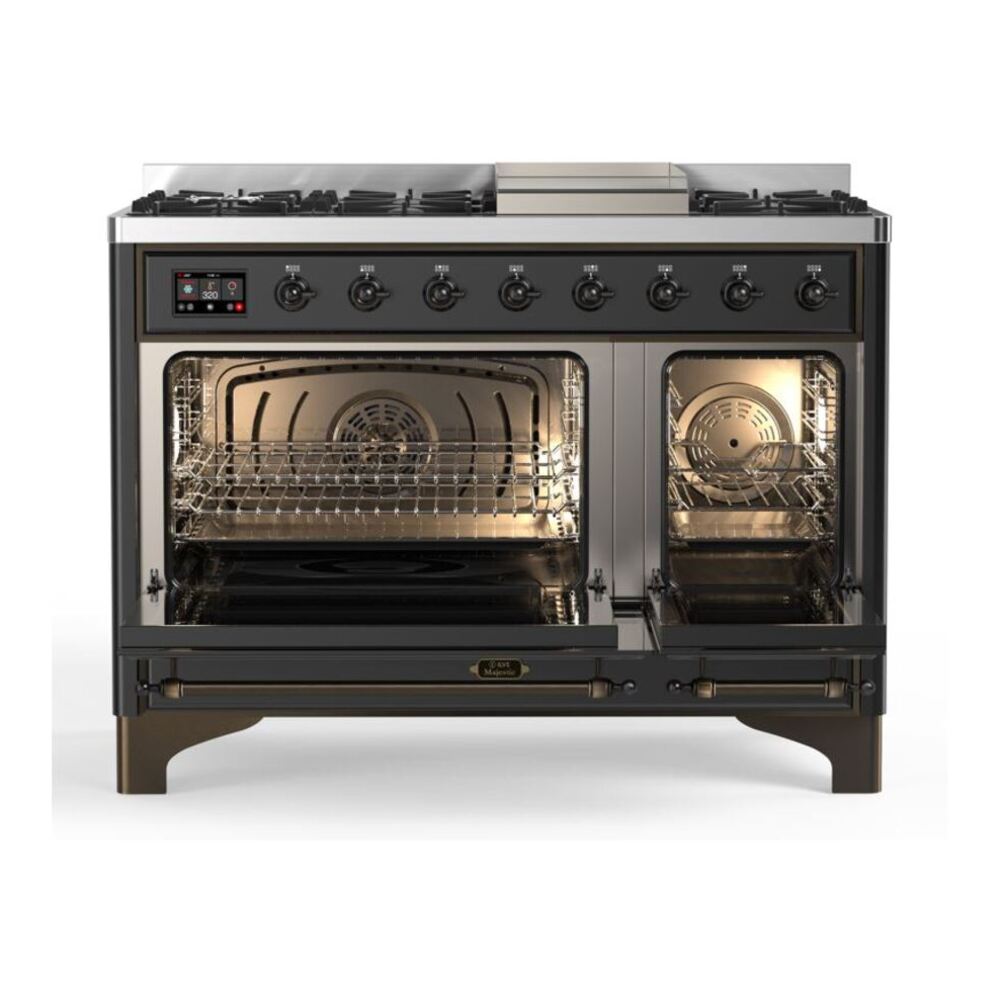 ILVE UM12FDQNS3MGB Majestic II 48 inch Dual Fuel Range with 8 Black Brass Burners, Griddle (Natural Gas, Solid Door, Graphite Matte, Burnished) 5 ILVE_UM12FDQNS3MGB_Majestic_II_48_Dual_Fuel_Range_Top_Angle