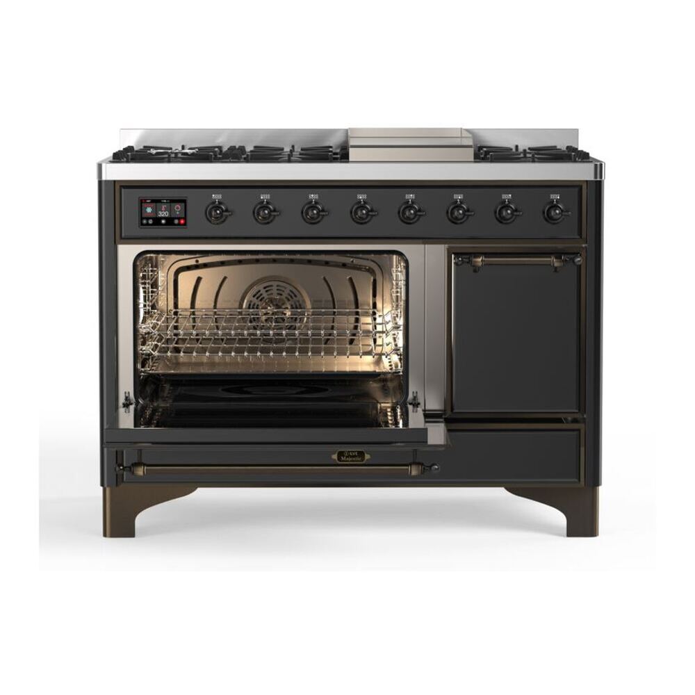 ILVE UM12FDQNS3MGB Majestic II 48 inch Dual Fuel Range with 8 Black Brass Burners, Griddle (Natural Gas, Solid Door, Graphite Matte, Burnished) 7 ILVE_UM12FDQNS3MGB_Majestic_II_48_Dual_Fuel_Range_Left_Angle
