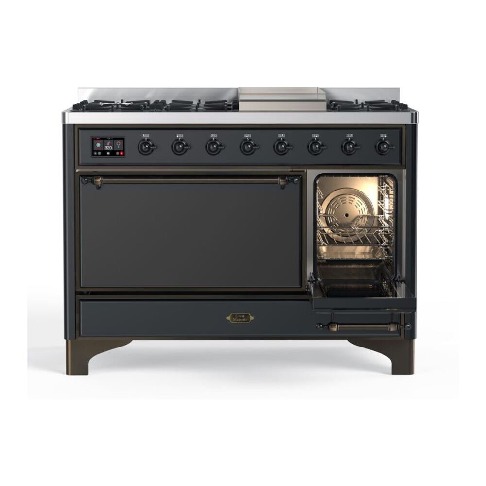 ILVE UM12FDQNS3MGB Majestic II 48 inch Dual Fuel Range with 8 Black Brass Burners, Griddle (Natural Gas, Solid Door, Graphite Matte, Burnished) 8 ILVE_UM12FDQNS3MGB_Majestic_II_48"_Dual_Fuel_Range_Right_Angle