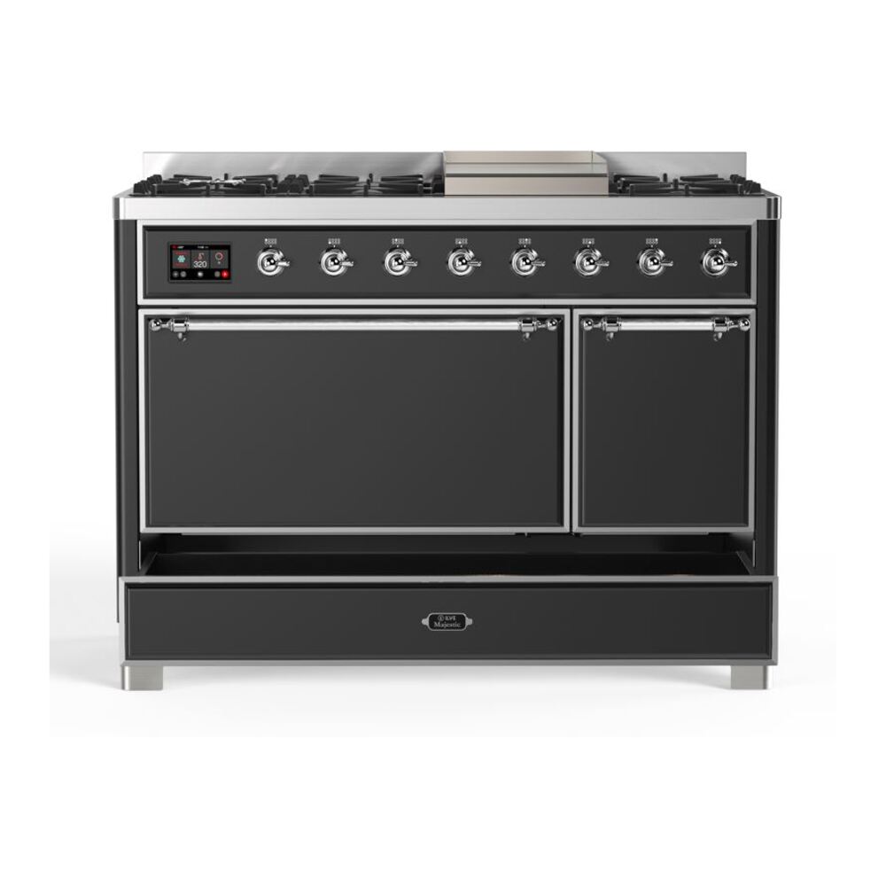 ILVE UM12F Majestic II 48 inch Dual Fuel Range with 8 Black Brass Burners, Griddle
