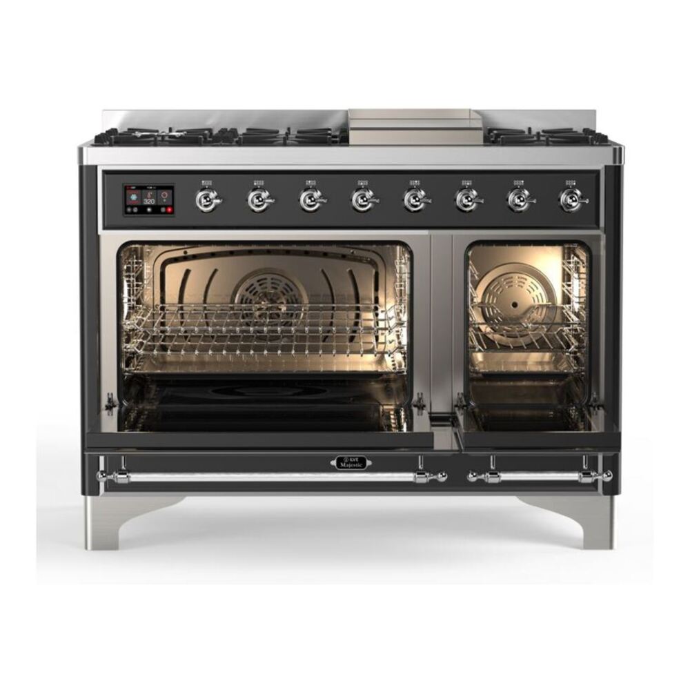 ILVE UM12FDQNS3MGC Majestic II 48 inch Dual Fuel Range with 8 Black Brass Burners, Griddle (Natural Gas, Solid Door, Graphite Matte, Chrome) 5 ILVE_UM12FDQNS3MGC_Majestic_II_48_Dual_Fuel_Range_Top_Angle