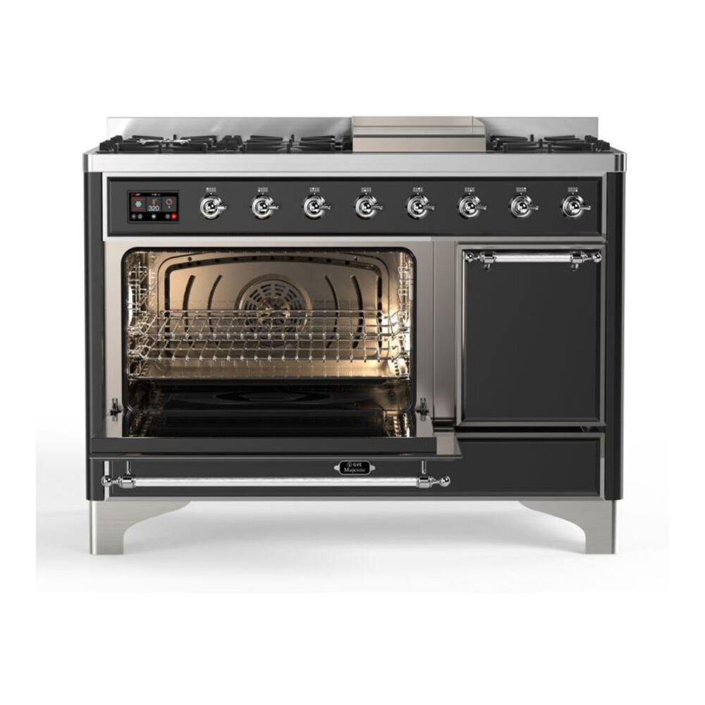 ILVE UM12FDQNS3MGC Majestic II 48 inch Dual Fuel Range with 8 Black Brass Burners, Griddle (Natural Gas, Solid Door, Graphite Matte, Chrome) 7 ILVE_UM12FDQNS3MGC_Majestic_II_48_Dual_Fuel_Range_Left_Angle