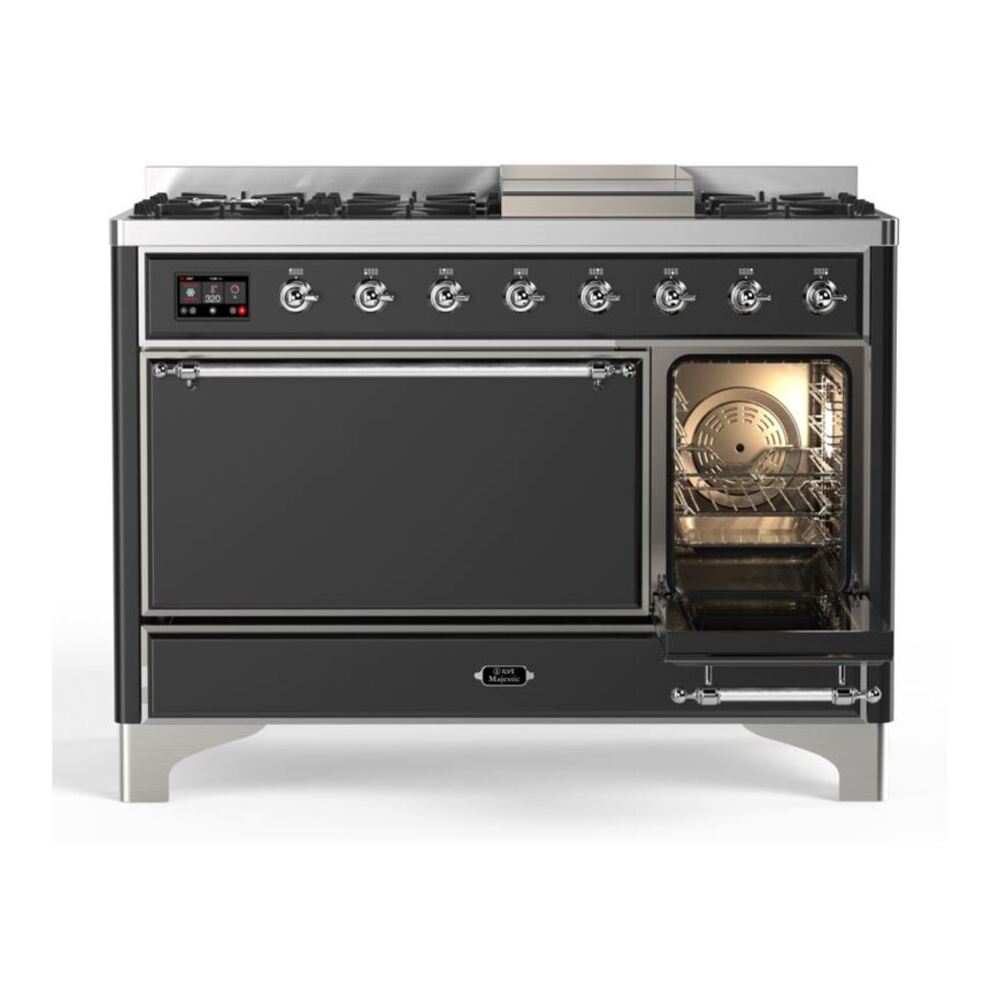ILVE UM12FDQNS3MGC Majestic II 48 inch Dual Fuel Range with 8 Black Brass Burners, Griddle (Natural Gas, Solid Door, Graphite Matte, Chrome) 8 ILVE_UM12FDQNS3MGC_Majestic_II_48"_Dual_Fuel_Range_Right_Angle
