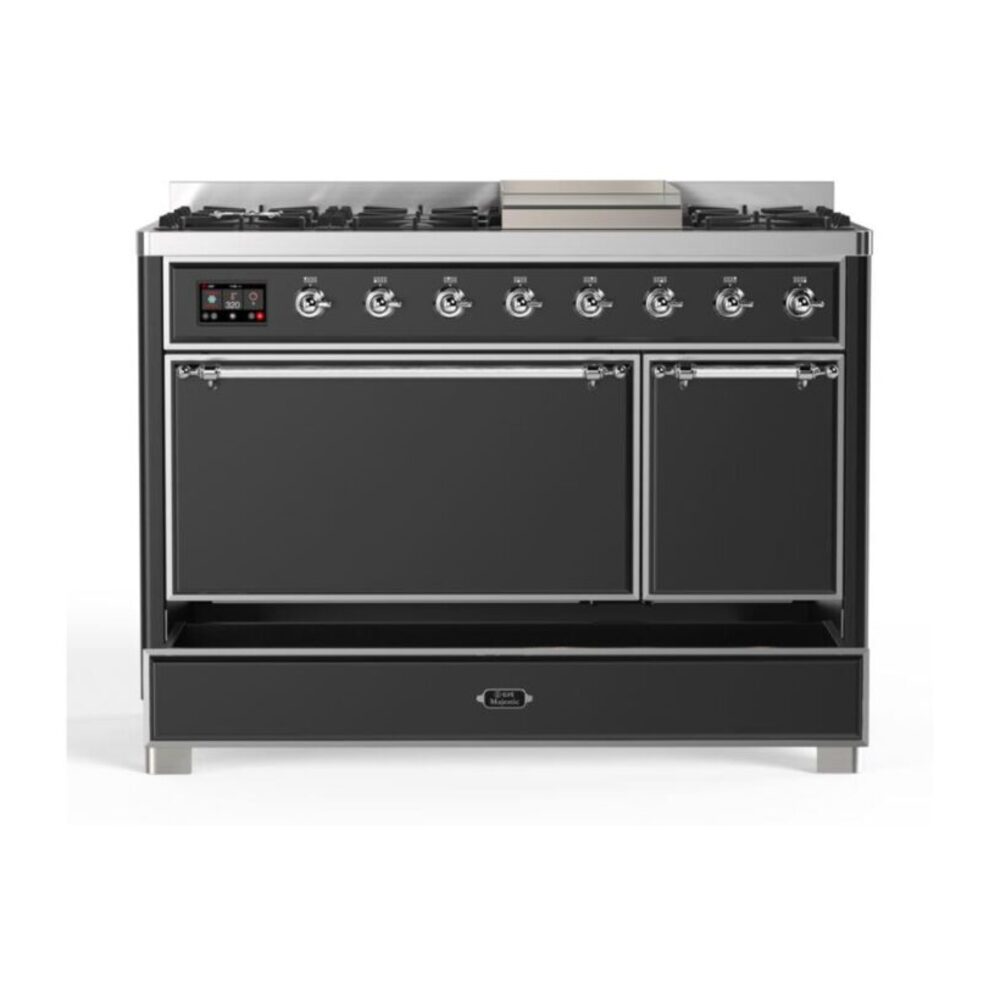 ILVE UM12F Majestic II 48 inch Dual Fuel Range with 8 Black Brass Burners, Griddle