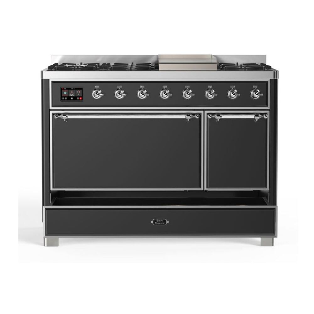 ILVE UM12FDQNS3MGC Majestic II 48 inch Dual Fuel Range with 8 Black Brass Burners, Griddle (Natural Gas, Solid Door, Graphite Matte, Chrome) 9 ILVE UM12F Majestic II 48 inch Dual Fuel Range with 8 Black Brass Burners, Griddle