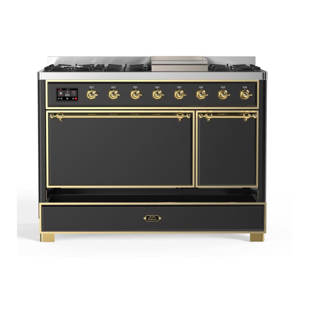 ILVE UM12F Majestic II 48 inch Dual Fuel Range with 8 Black Brass Burners, Griddle