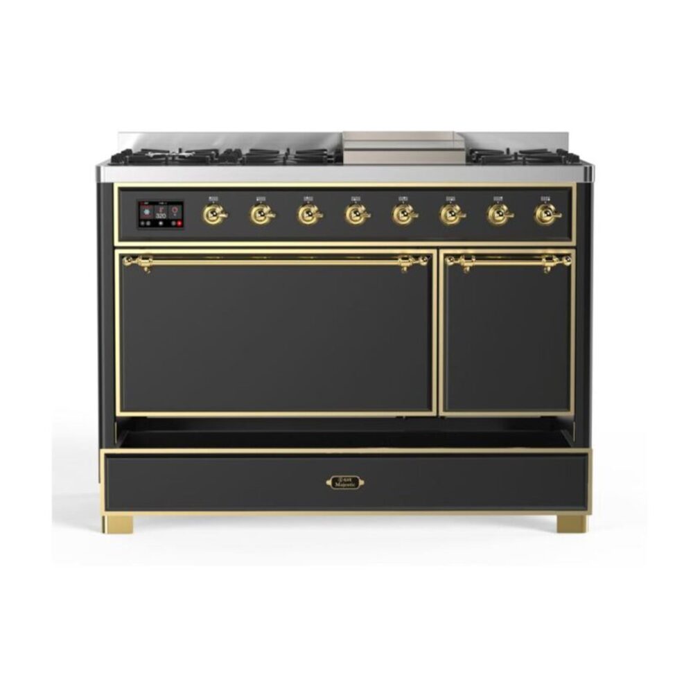 ILVE UM12F Majestic II 48 inch Dual Fuel Range with 8 Black Brass Burners, Griddle