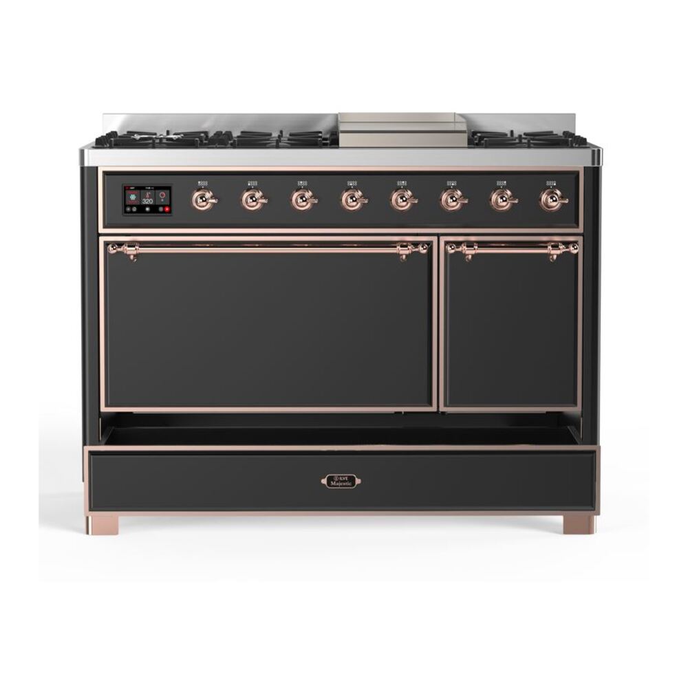 ILVE UM12F Majestic II 48 inch Dual Fuel Range with 8 Black Brass Burners, Griddle