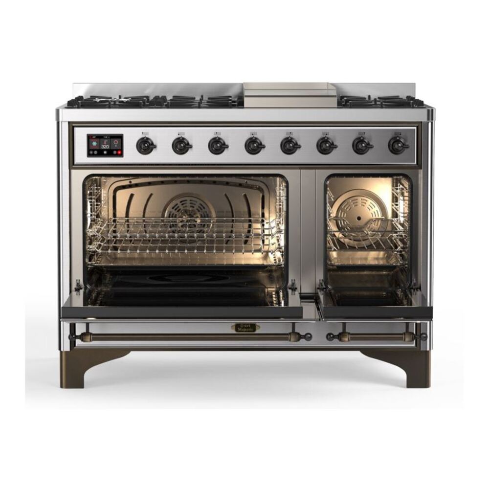ILVE UM12FDQNS3SSBLP Majestic II 48 inch Dual Fuel Range with 8 Black Brass Burners, Griddle (Liquid Propane, Solid Door, Stainless Steel, Burnished) 5 ILVE_UM12FDQNS3SSBLP_Majestic_II_48"_Dual_Fuel_Range_Top_Angle
