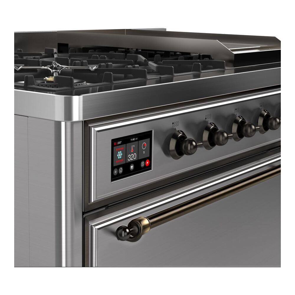 ILVE UM12F Majestic II 48 inch Dual Fuel Range with 8 Black Brass Burners, Griddle