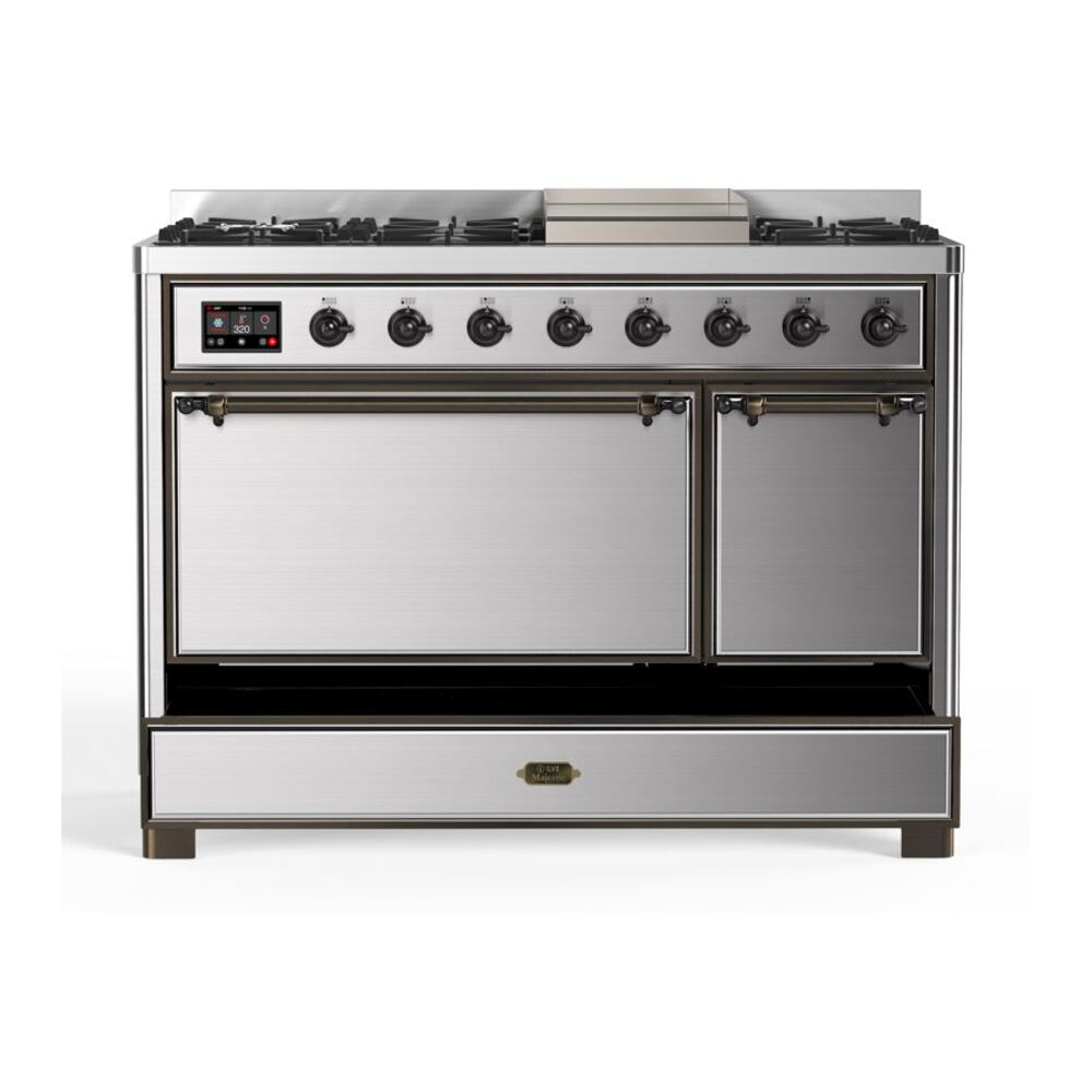 ILVE UM12F Majestic II 48 inch Dual Fuel Range with 8 Black Brass Burners, Griddle