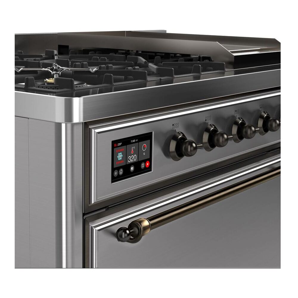 ILVE UM12FDQNS3SSB Majestic II 48 inch Dual Fuel Range with 8 Black Brass Burners, Griddle (Natural Gas, Solid Door, Stainless Steel, Burnished) 6 ILVE_UM12FDQNS3SSB_Majestic_II_48_Dual_Fuel_Range_Left_Angle