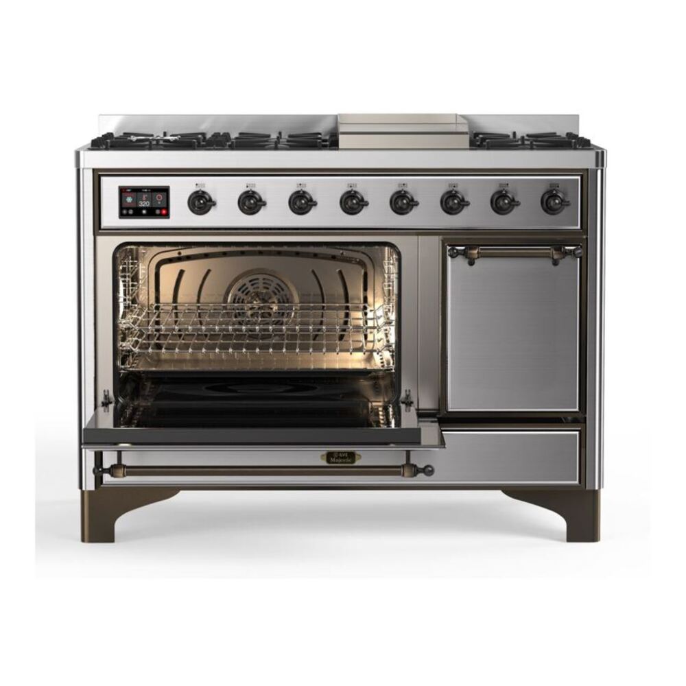 ILVE UM12FDQNS3SSB Majestic II 48 inch Dual Fuel Range with 8 Black Brass Burners, Griddle (Natural Gas, Solid Door, Stainless Steel, Burnished) 7 ILVE_UM12FDQNS3SSB_Majestic_II_48"_Dual_Fuel_Range_Right_Angle