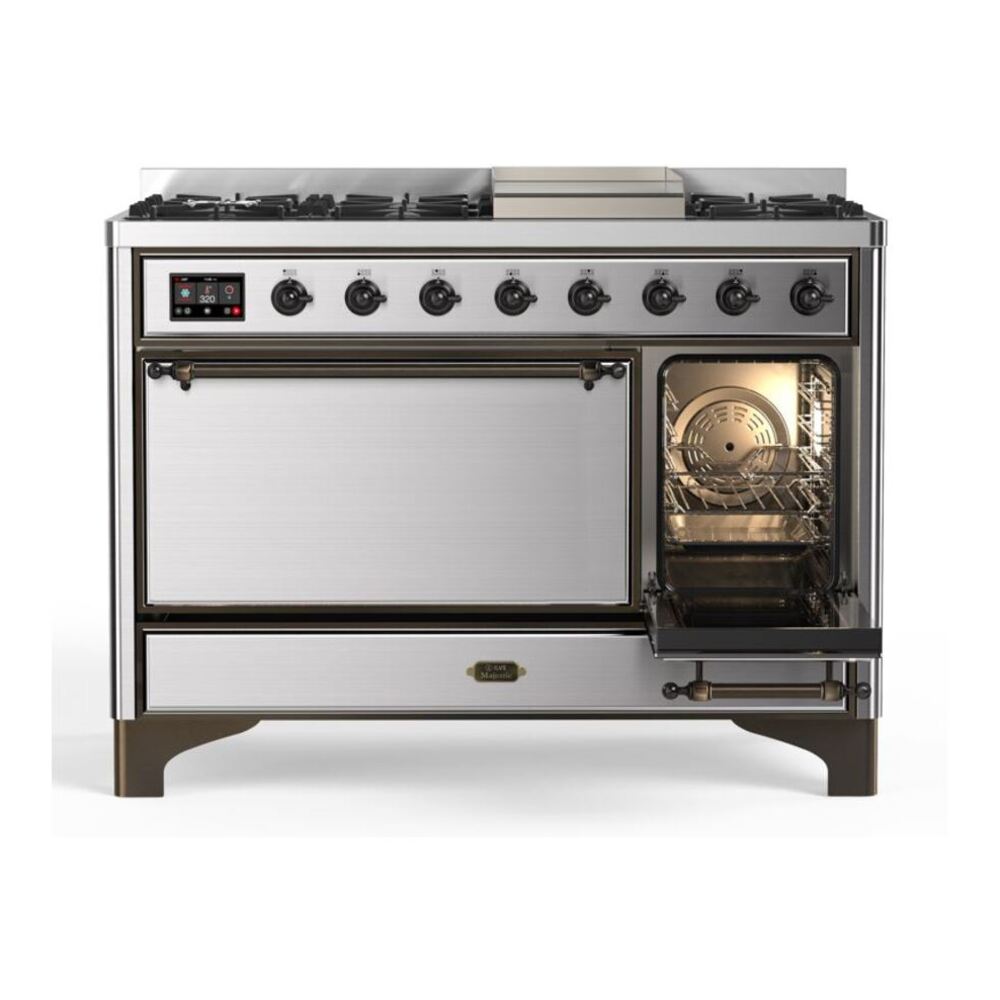 ILVE UM12FDQNS3SSB Majestic II 48 inch Dual Fuel Range with 8 Black Brass Burners, Griddle (Natural Gas, Solid Door, Stainless Steel, Burnished) 8 ILVE UM12F Majestic II 48 inch Dual Fuel Range with 8 Black Brass Burners, Griddle
