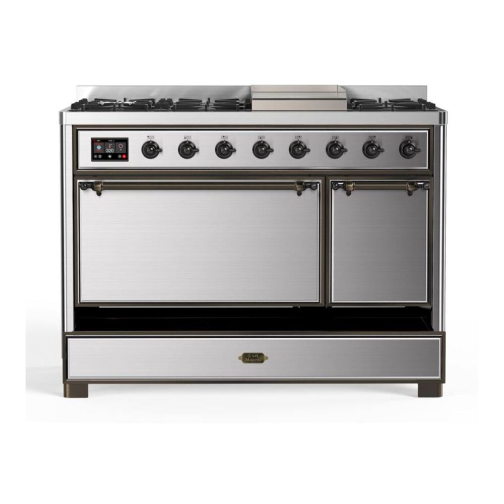 ILVE UM12FDQNS3SSB Majestic II 48 inch Dual Fuel Range with 8 Black Brass Burners, Griddle (Natural Gas, Solid Door, Stainless Steel, Burnished) 9 ILVE UM12F Majestic II 48 inch Dual Fuel Range with 8 Black Brass Burners, Griddle