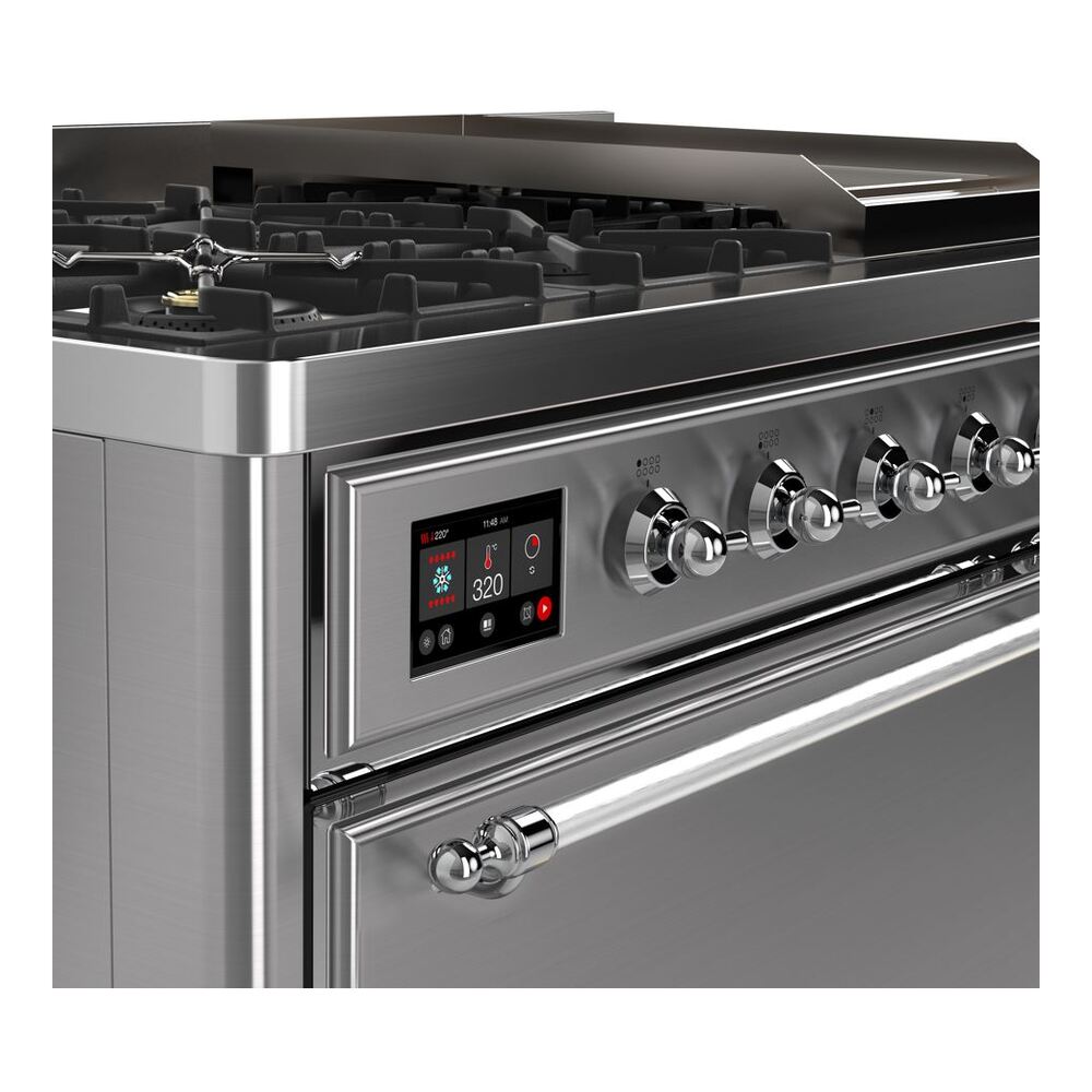 ILVE UM12F Majestic II 48 inch Dual Fuel Range with 8 Black Brass Burners, Griddle
