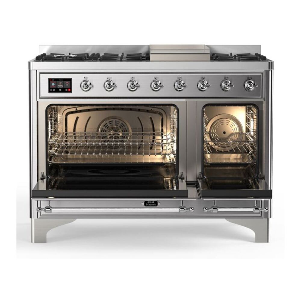 ILVE UM12FDQNS3SSC Majestic II 48 inch Dual Fuel Range with 8 Black Brass Burners, Griddle (Natural Gas, Solid Door, Stainless Steel, Chrome) 5 ILVE_UM12FDQNS3SSC_Majestic_II_48_Dual_Fuel_Range_Top_Angle