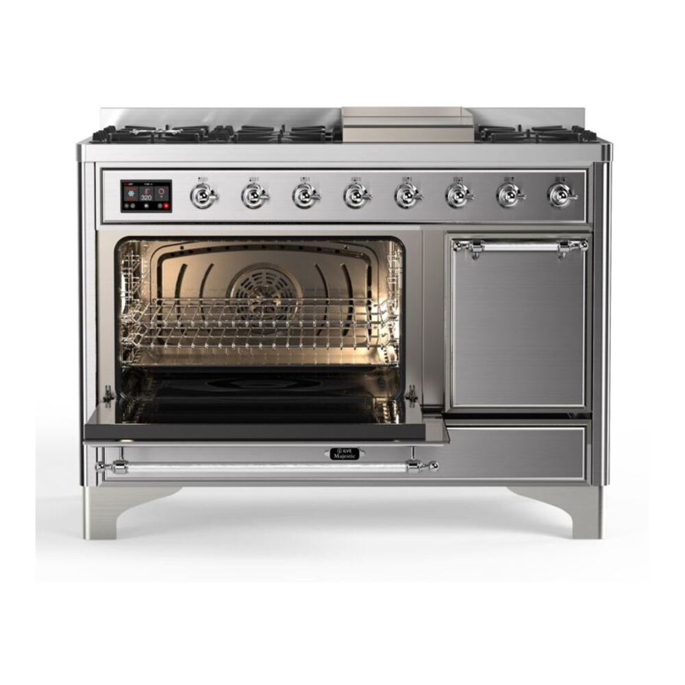 ILVE UM12FDQNS3SSC Majestic II 48 inch Dual Fuel Range with 8 Black Brass Burners, Griddle (Natural Gas, Solid Door, Stainless Steel, Chrome) 7 ILVE_UM12FDQNS3SSC_Majestic_II_48_Dual_Fuel_Range_Left_Angle