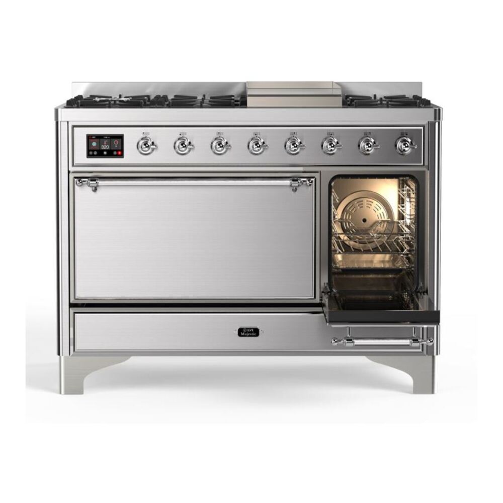 ILVE UM12FDQNS3SSC Majestic II 48 inch Dual Fuel Range with 8 Black Brass Burners, Griddle (Natural Gas, Solid Door, Stainless Steel, Chrome) 8 ILVE_UM12FDQNS3SSC_Majestic_II_48"_Dual_Fuel_Range_Right_Angle