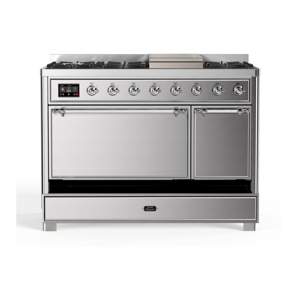 ILVE UM12F Majestic II 48 inch Dual Fuel Range with 8 Black Brass Burners, Griddle