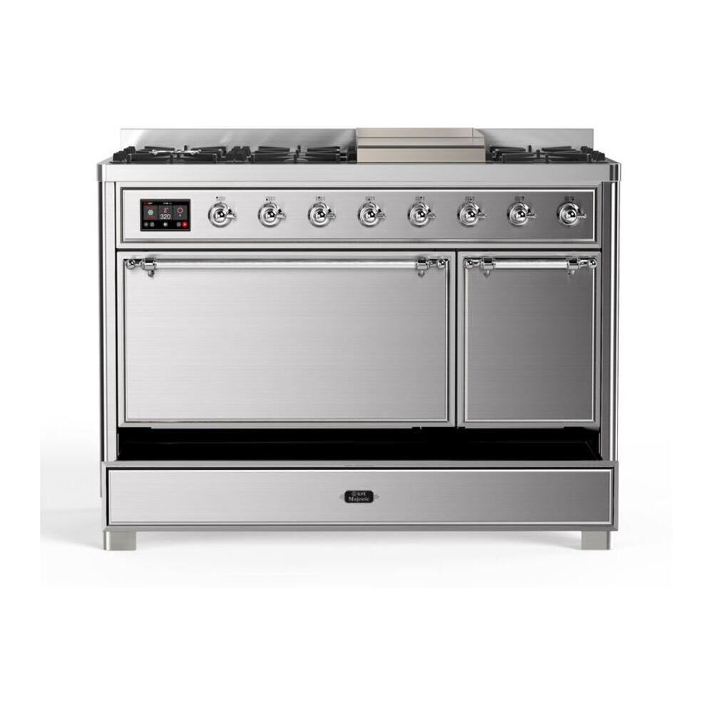 ILVE UM12FDQNS3SSC Majestic II 48 inch Dual Fuel Range with 8 Black Brass Burners, Griddle (Natural Gas, Solid Door, Stainless Steel, Chrome) 9 ILVE UM12F Majestic II 48 inch Dual Fuel Range with 8 Black Brass Burners, Griddle