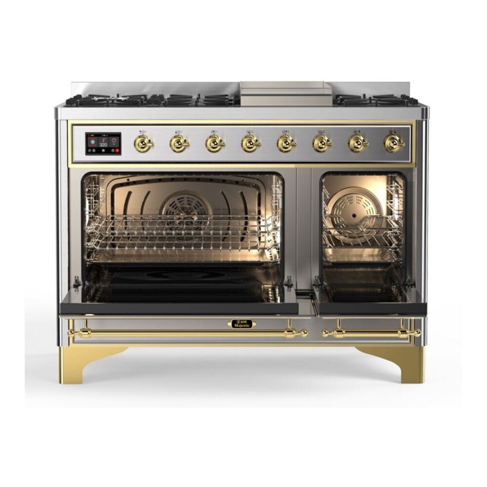 ILVE UM12FDQNS3SSG Majestic II 48 inch Dual Fuel Range with 8 Black Brass Burners, Griddle (Natural Gas, Solid Door, Stainless Steel, Brass) 5 ILVE_UM12FDQNS3SSG_Majestic_II_48_Dual_Fuel_Range_Top_Angle