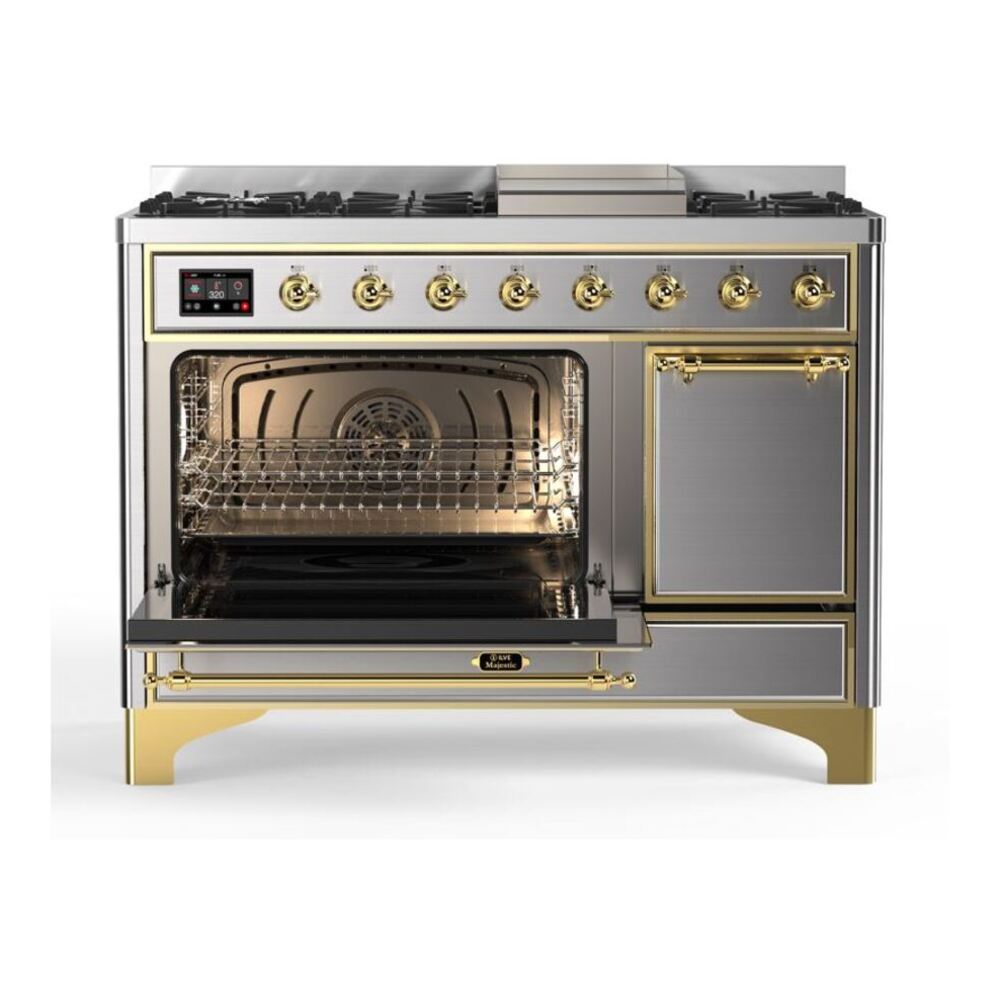 ILVE UM12FDQNS3SSG Majestic II 48 inch Dual Fuel Range with 8 Black Brass Burners, Griddle (Natural Gas, Solid Door, Stainless Steel, Brass) 7 ILVE_UM12FDQNS3SSG_Majestic_II_48_Dual_Fuel_Range_Left_Angle