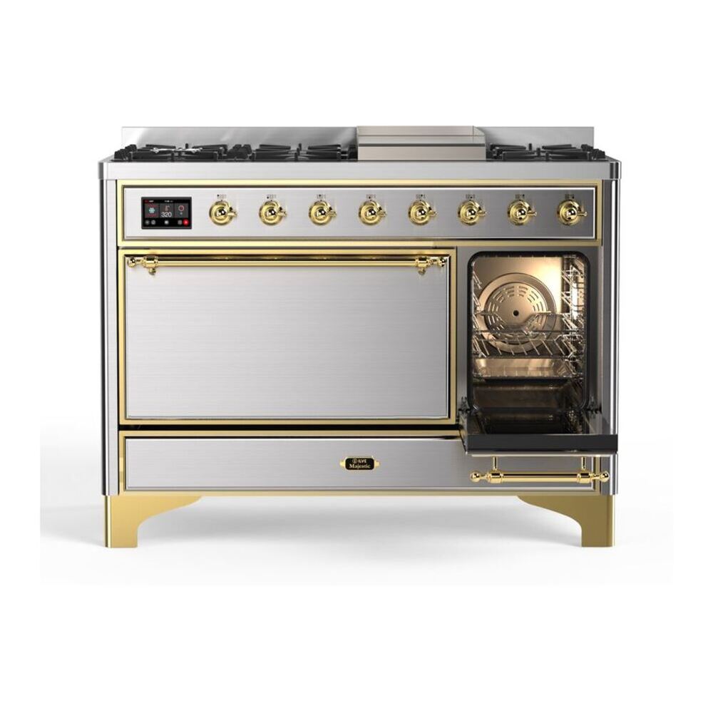 ILVE UM12FDQNS3SSG Majestic II 48 inch Dual Fuel Range with 8 Black Brass Burners, Griddle (Natural Gas, Solid Door, Stainless Steel, Brass) 8 ILVE_UM12FDQNS3SSG_Majestic_II_48"_Dual_Fuel_Range_Right_Angle