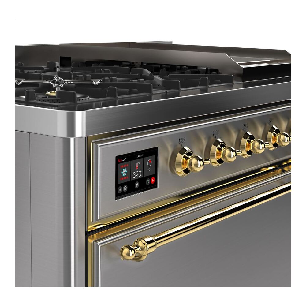 ILVE UM12F Majestic II 48 inch Dual Fuel Range with 8 Black Brass Burners, Griddle