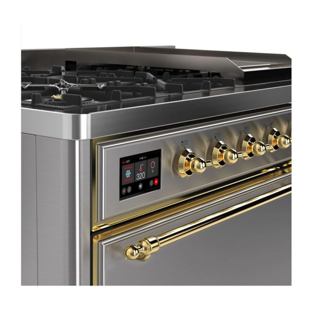 ILVE UM12F Majestic II 48 inch Dual Fuel Range with 8 Black Brass Burners, Griddle