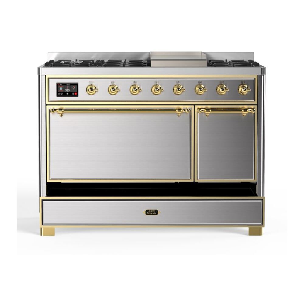 ILVE UM12F Majestic II 48 inch Dual Fuel Range with 8 Black Brass Burners, Griddle