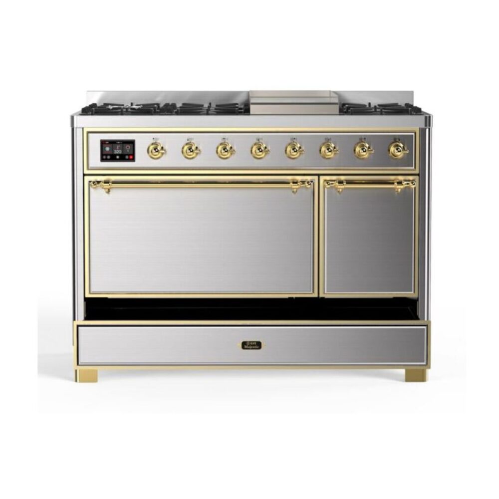 ILVE UM12F Majestic II 48 inch Dual Fuel Range with 8 Black Brass Burners, Griddle