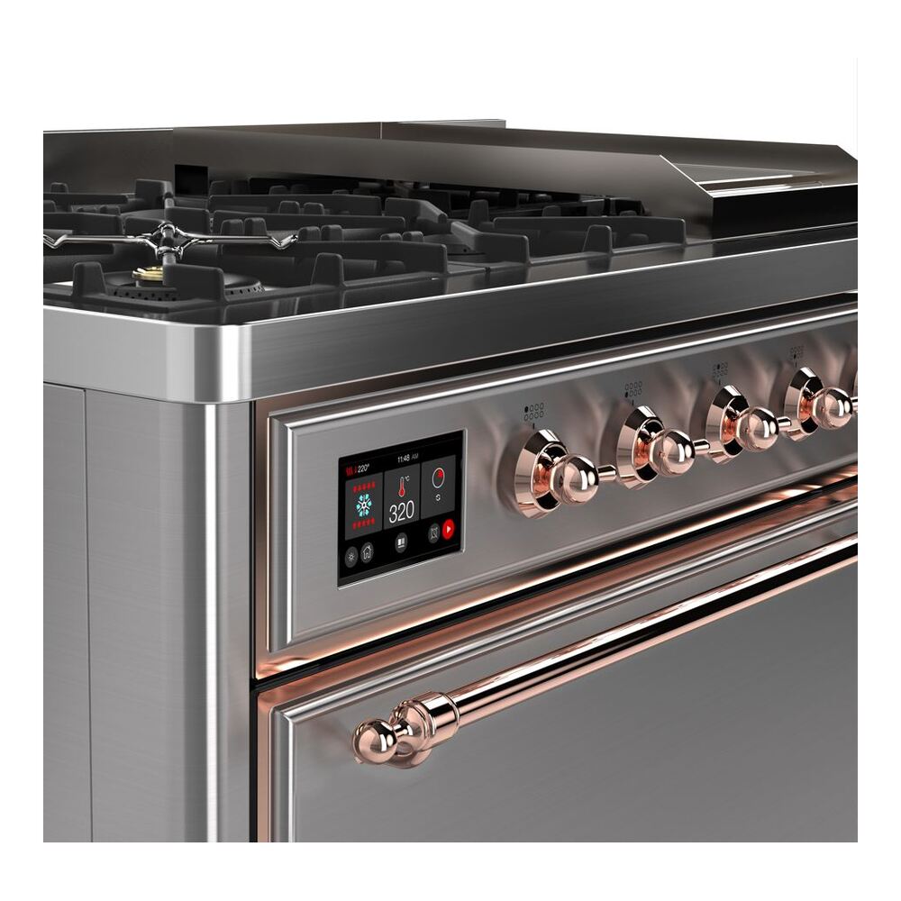 ILVE UM12F Majestic II 48 inch Dual Fuel Range with 8 Black Brass Burners, Griddle