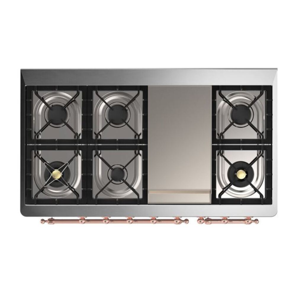 ILVE UM12FDQNS3SSP Majestic II 48 inch Dual Fuel Range with 8 Black Brass Burners, Griddle (Natural Gas, Solid Door, Stainless Steel, Copper) 12 ILVE UM12F Majestic II 48 inch Dual Fuel Range with 8 Burners, Griddle