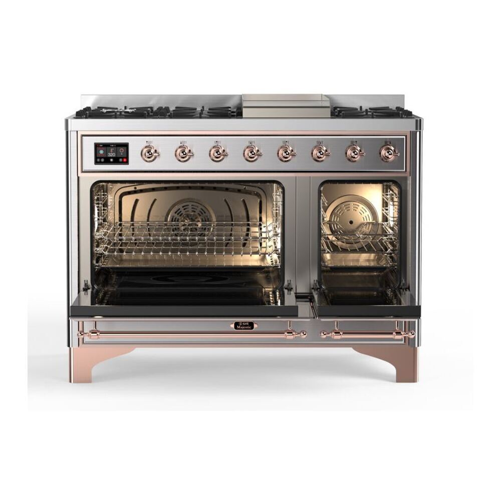 ILVE UM12FDQNS3SSP Majestic II 48 inch Dual Fuel Range with 8 Black Brass Burners, Griddle (Natural Gas, Solid Door, Stainless Steel, Copper) 5 ILVE_UM12FDQNS3SSP_Majestic_II_48"_Dual_Fuel_Range_Top_Angle