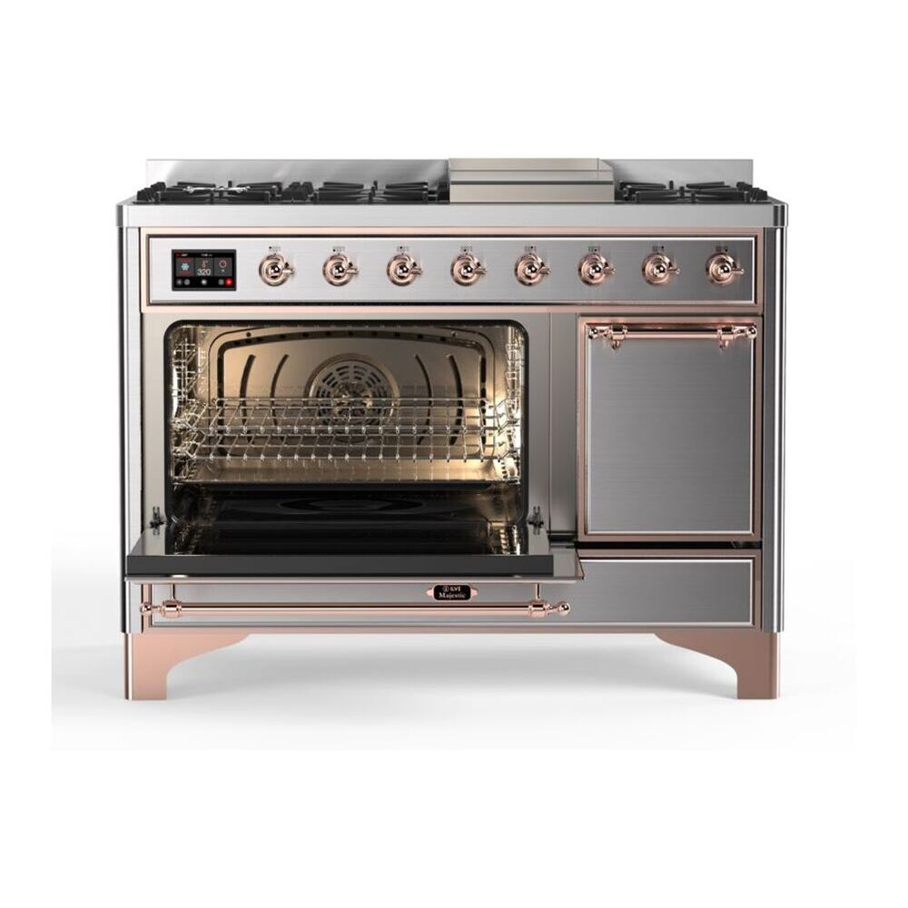 ILVE UM12FDQNS3SSP Majestic II 48 inch Dual Fuel Range with 8 Black Brass Burners, Griddle (Natural Gas, Solid Door, Stainless Steel, Copper) 7 ILVE_UM12FDQNS3SSP_Majestic_II_48_Dual_Fuel_Range_Left_Angle