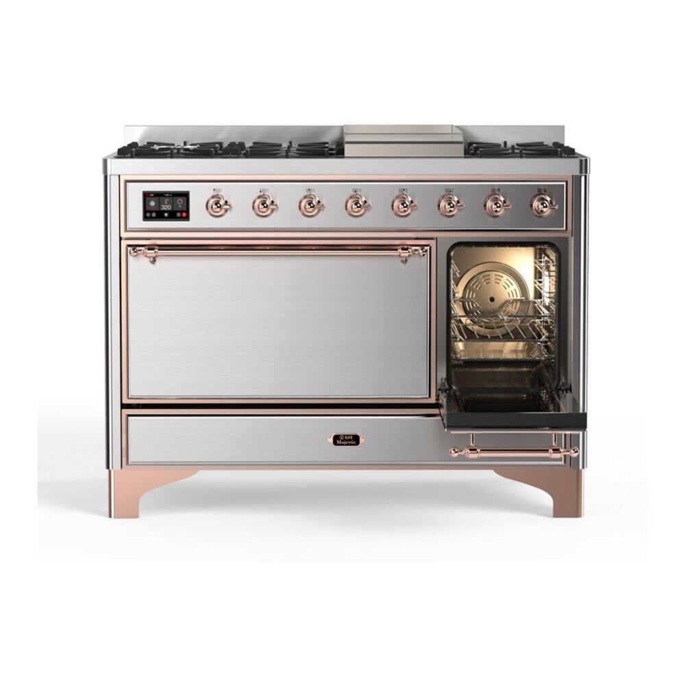 ILVE UM12FDQNS3SSP Majestic II 48 inch Dual Fuel Range with 8 Black Brass Burners, Griddle (Natural Gas, Solid Door, Stainless Steel, Copper) 8 ILVE_UM12FDQNS3SSP_Majestic_II_48"_Dual_Fuel_Range_Right_Angle