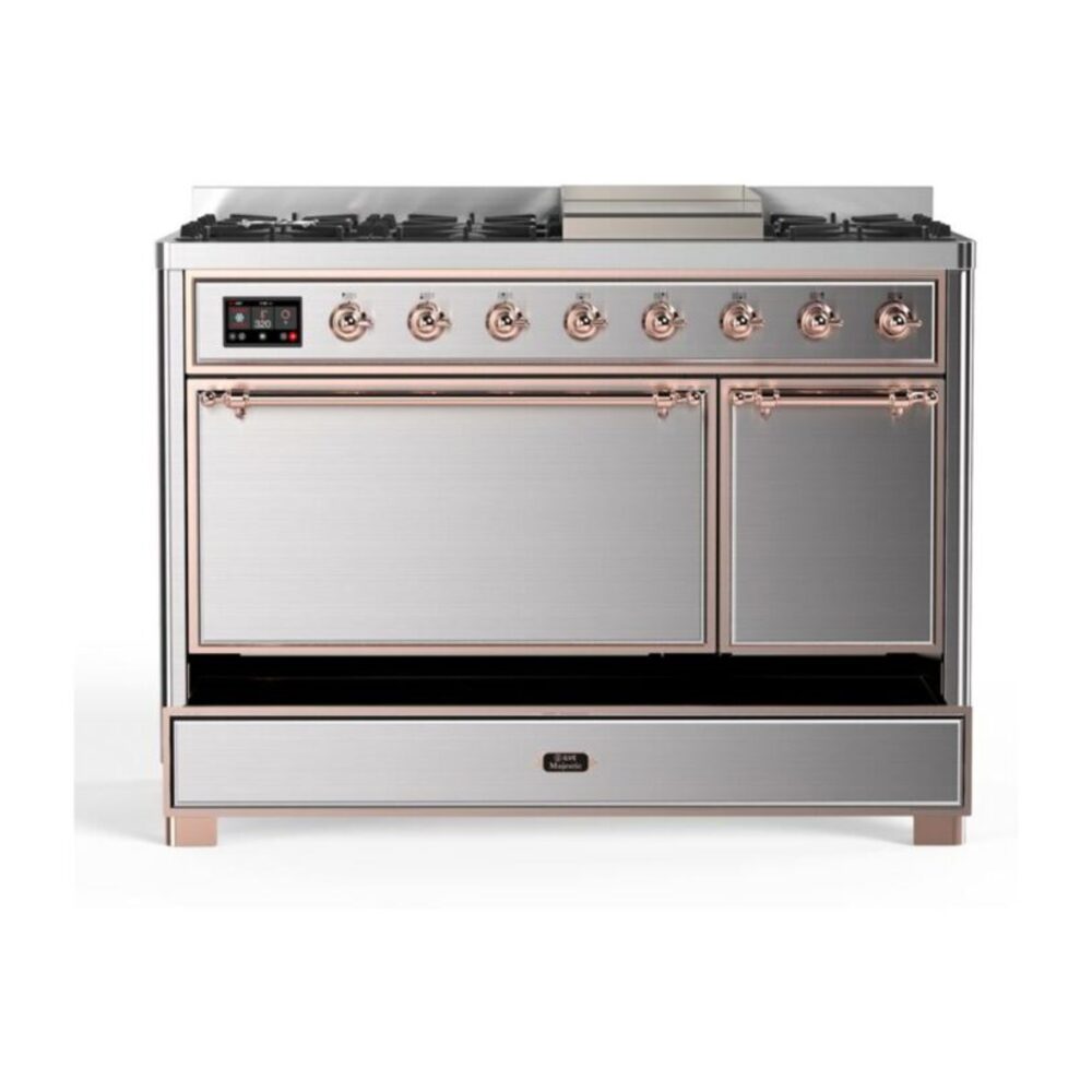 ILVE UM12F Majestic II 48 inch Dual Fuel Range with 8 Black Brass Burners, Griddle