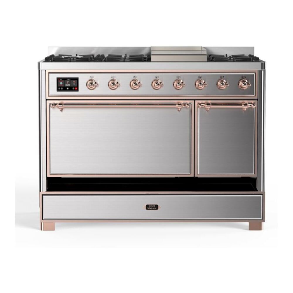 ILVE UM12FDQNS3SSP Majestic II 48 inch Dual Fuel Range with 8 Black Brass Burners, Griddle (Natural Gas, Solid Door, Stainless Steel, Copper) 9 ILVE UM12F Majestic II 48 inch Dual Fuel Range with 8 Black Brass Burners, Griddle