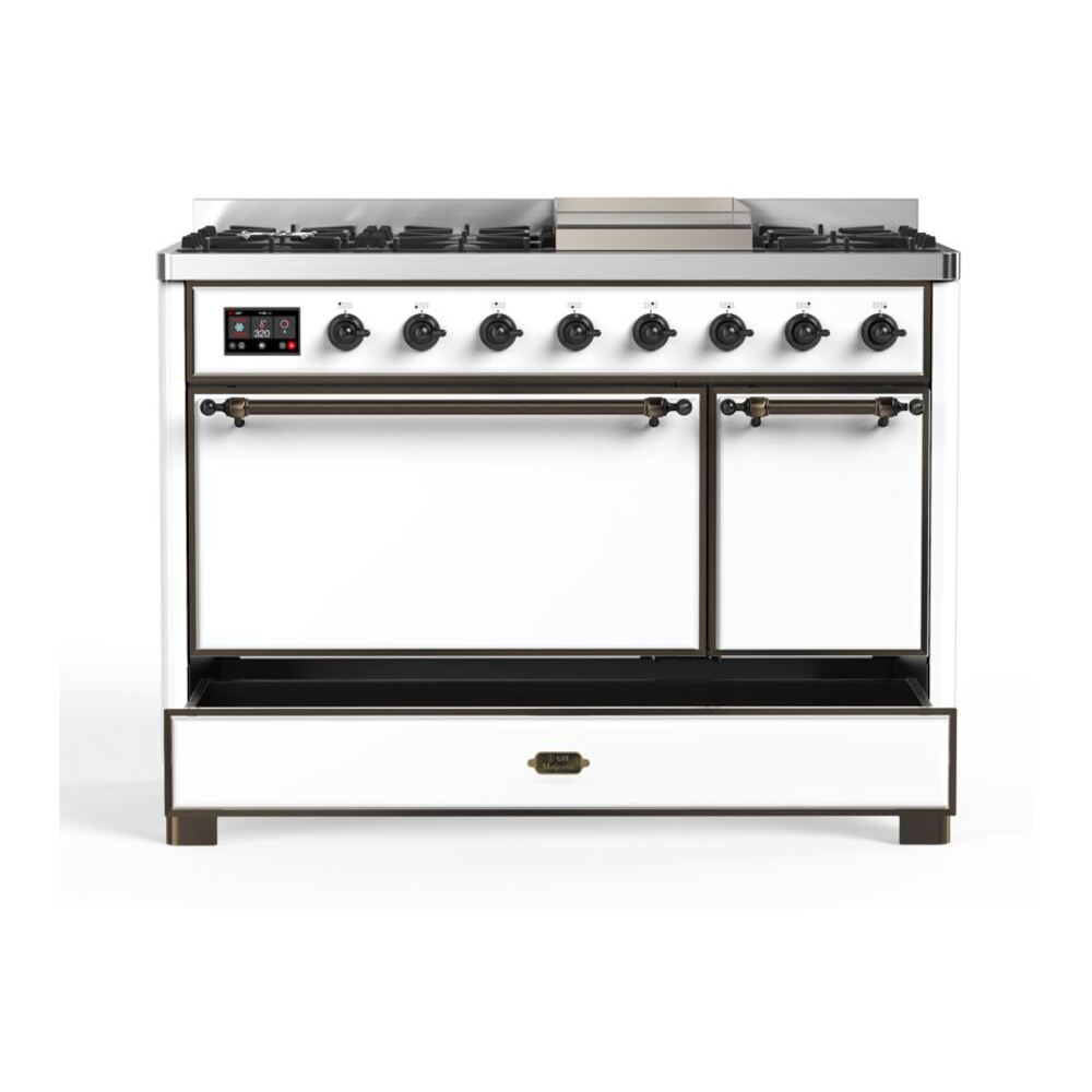 ILVE UM12F Majestic II 48 inch Dual Fuel Range with 8 Black Brass Burners, Griddle