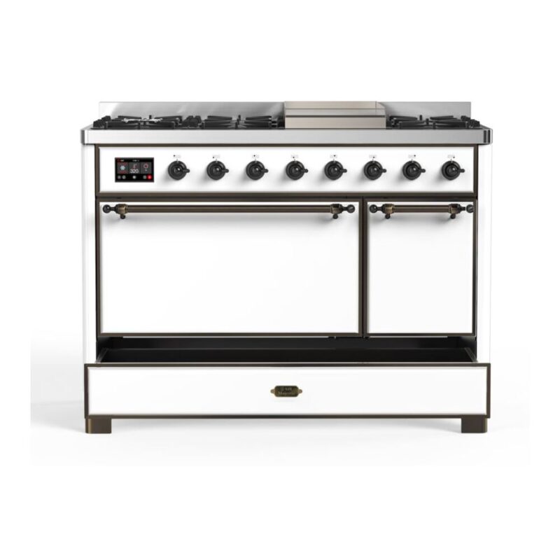 ILVE UM12F Majestic II 48 inch Dual Fuel Range with 8 Black Brass Burners, Griddle