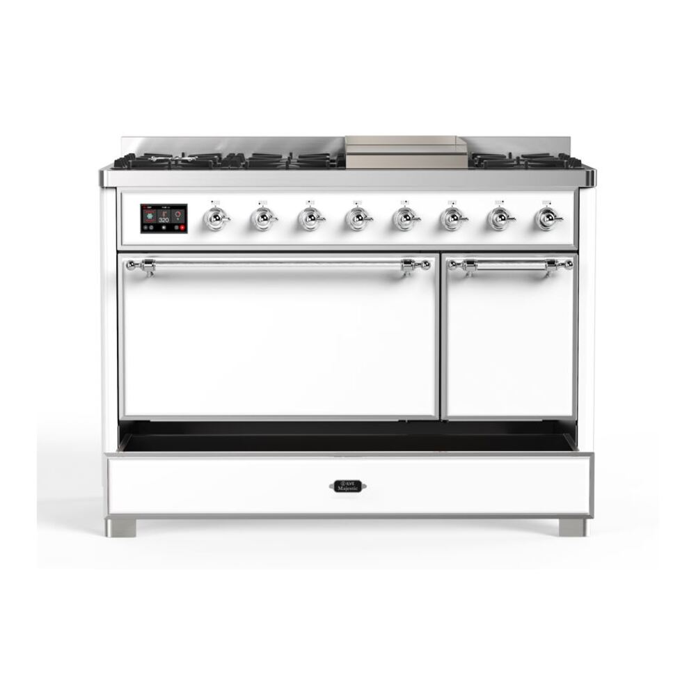 ILVE UM12F Majestic II 48 inch Dual Fuel Range with 8 Black Brass Burners, Griddle